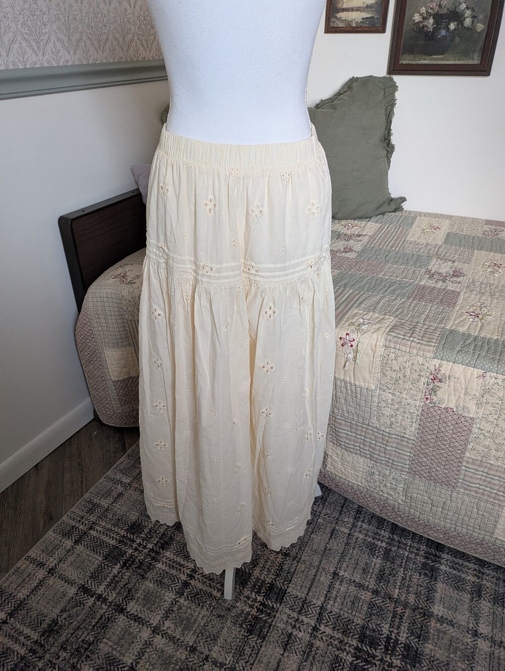 Blonde Robin 100% Cotton Eyelet Embroidered Midi Skirt Ivory Cottagecore Boho M - Picture 4 of 11
